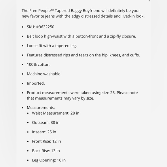 We The Free baggy boyfriend tapered Jean in medium wash distressed size 29 - Picture 12 of 12